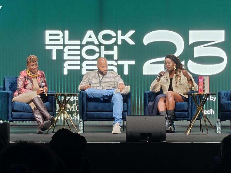 Dr Shola and Kelechi Okafor on stage at Black Tech Fest, 2023